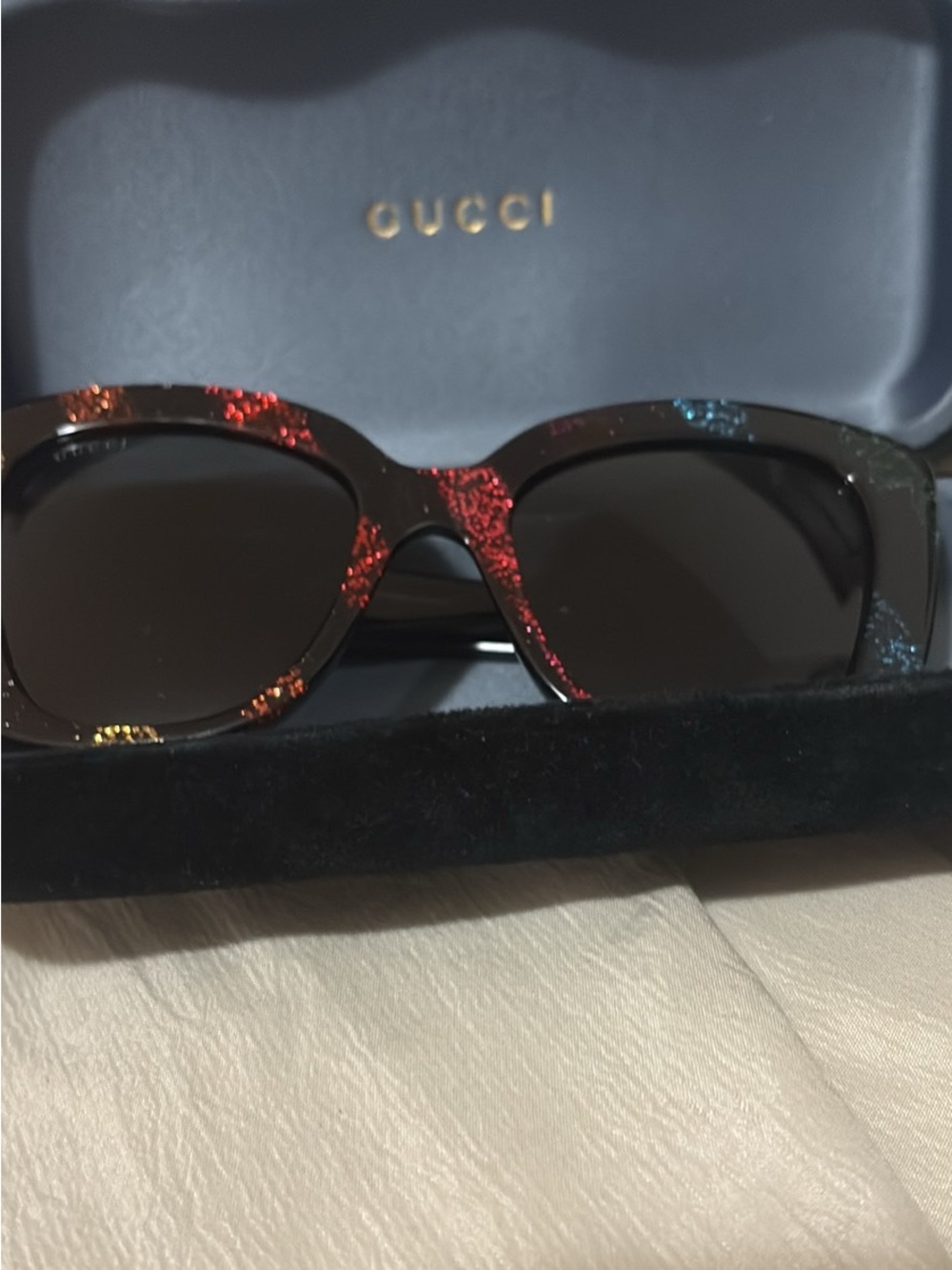 Gucci Black Sunglasses with Red, Blue & Gold Glitter Accents
